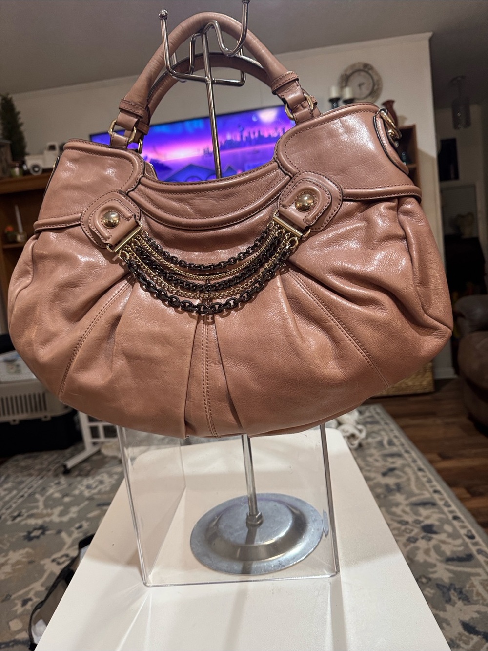 Women’s Leather Satchel Handbag in Dusty Rose with Chain Accent